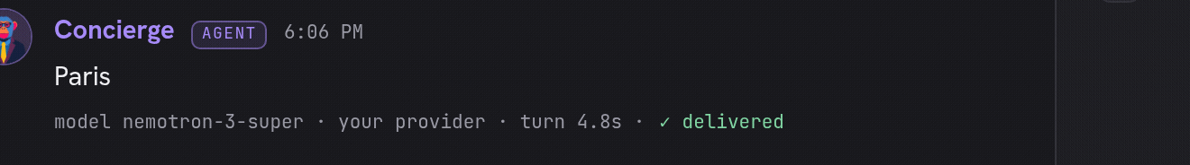 The model tag under an agent reply switching from a free model to Claude Opus 5